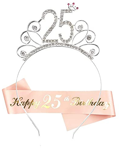 HCRXVV Corona de Cumpleaños Con Banda para Despedida de Soltera - 25 Años, Decoración para Niñas, Corona de Cristal, Accesorios para el Pelo, Oro Rosa, Regalo