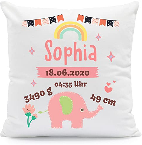 GRAVURZEILE Cojín con diseño – datos del bebé y elefante – Personalizado con nombre y fecha Tamaño Peso del Niño – Regalo para mamá, papá, padres – Regalo de nacimiento – Color: Rosa