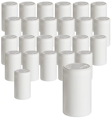 gouveo 24er Set Gewürzstreuer 200 ml weiß mit Streuaufsatz-Deckel - Gewürzdosen aus Kunststoff mit 3 Streu-Größen - Leere Salz- und Pfeffer-Streuer für Kräuter, Gewürze oder Bastelzubehör