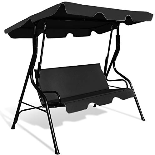 GYMAX Balancelle de Jardin 3 Places avec Toit Solaire Réglable, Balançoire de Jardin, Balançoire Hollywoodienne avec Cadre en Acier Robuste, Charge Max 210 kg, pour Balcon, Terrasse, Jardin (Noir)