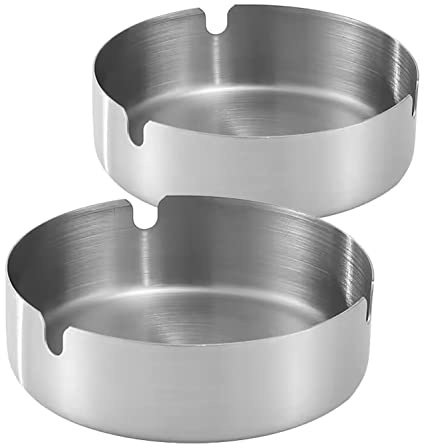 Ashtray Stainless Steel Cigarette Ashtray Ash Tray for Cigarettes 2 Pack (Silver, Large-3.94in)