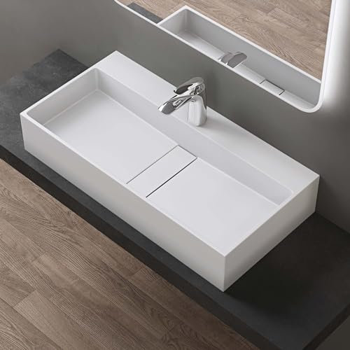 doporro Lavabo sobre encimera 80x40x14cm de diseño Colossum6028 lavabo en blanco mate de fundición mineral con 1 orificio para grifería