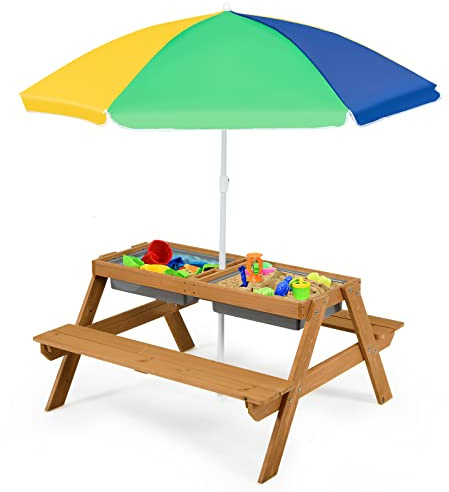 RELAX4LIFE 3 in 1 Set Tavolo e Sedie da Giardino per Bambini, Tavolo da Picnic con Ombrellone e 2 Vaschette, Tavolino e Panche da Esterno per Giardino Terrazzo e Balcone (Modello 7)
