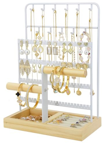 JONKASIPA Jewelry Holder Organizer Stand 4-Tier Necklace Stand Earring Holder with Wooden Tray, Jewelry Rack for Bracelets Watches and Rings Display Stand, Gifts for Women & Girls-White