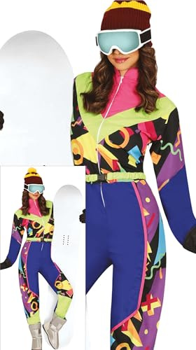 FIESTAS GUIRCA Tuta da Sci retrò da Donna - Tuta da Sci Colorata Anni '80 Complessivamente Divertente Costume da Donna - Tuta da Snowboarder Sciatore Anni '90 Donna Taglia M