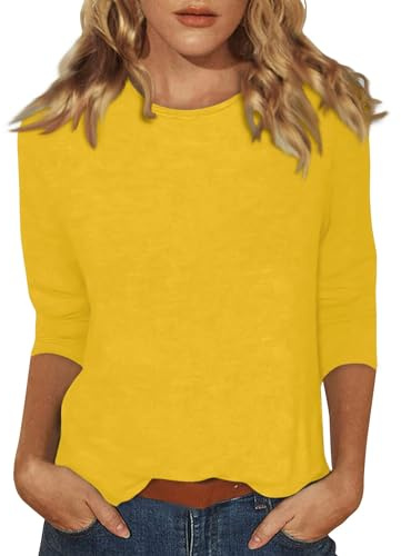 Long Sleeve T Shirts Women Womens Lightweight Solid Color Tops 3/4 Sleeve Casual Gym Fashion Daily T-Shirts Ladies Summer Round Neck Blouses 02-Yellow XL