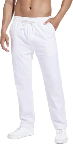 Hoerev Pantalon décontracté en Lin et Coton Respirez Facilement avec Un Pantalon léger de Bord de Plage,Blanc,M