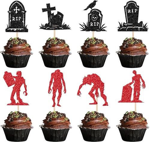Xsstarmi 24 Pack Bloody Zombie Cupcake Toppers RIP Cemetery Graveyard Tombstone Skeleton Crow Cupcake Picks Decoration for Halloween Theme Horrible Birthday Party Cake Decorations