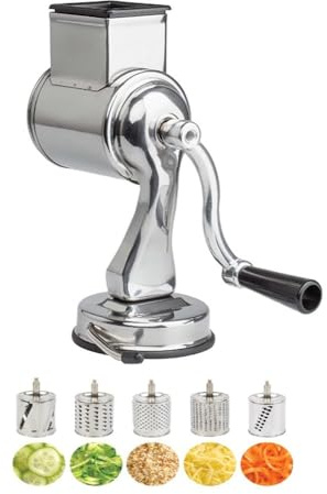 Kitchen Food Rotary Grater, Hand Crank Vegetable Cutter with Replaceable Drum Blades for Potato, Carrot, Cheese, Nuts
