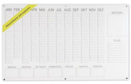 Jahresplaner mit Wochentagen Acryl - beschreibbar & abwischbar - Wandplaner und Familienplaner mit Abstandshaltern - ideale Haushalts- und Planungstafel für Eltern – Größe: 100x60 cm – Weiß