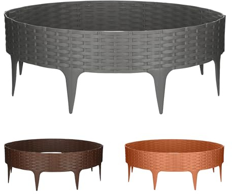 GARDENIX Bordo per aiuole in plastica, 3,9 m, effetto rattan, 5 moduli, bordo per aiuole, colore grigio, bordo flessibile per aiuole, recinzione da giardino, palizzata in rattan, bordi per aiuole