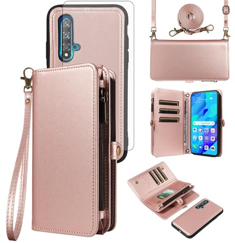 Asuwish Handyhülle für Huawei Nova 5T/Honor 20 Hülle mit Band Folie Schutzfolie Kartenfach Klappbar Leder Blumen Geldbörse Ständer Hawaii Honor20 Pro 20S T5 YAL-L21 Handy Hüllen Phone Case Rosegold