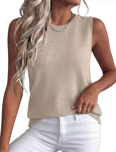 XIEERDUO Sweater Vest Women Beach Vacation Clothes Sleeveless Ribbed Knit Tank Tops Loose Fit Khaki Old Money Clothes Crewneck Work Blouses Business Casual Outfits XS