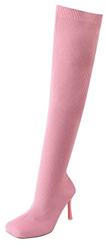 Bottes hautes pour femme - Avec mollet large - Bottes d'hiver montantes - Couleur unie - Talon pointu fin et confortable - Bottes élastiques au mollet, Rose, 39 EU
