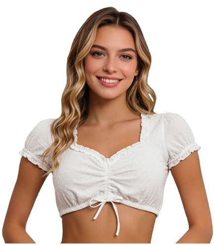 2026 Dirndl Camicetta Da Donna In Pizzo Colore Bianco,Tradizionale Con Bottone Per Oktoberfest, Dirndl Bianco A Maniche Corte, Elegante Bottone Blusa In Pizzo, Oktoberfest Bluse Maniche Corte