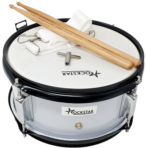 Rockstar - Tambor Infantil Iniciación en Madera Afinable JINBAO SMD1005-WH Color Blanco. Caja Marcha. Incluye Correa y Baquetas, Instrumento Musical de Percusión, Parche afinable y bordonero