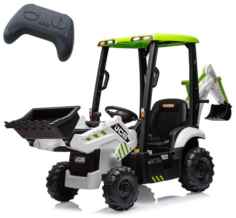 Zstar Tracteur électrique 4 en 1 pour Enfants 12V – Pelleteuse, Bulldozer, télécommande, klaxon, Plafond Amovible – Jouet véhicule excavateur, Vitesse 2-4 km/h – Blanc et Vert