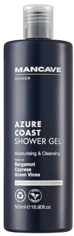 ManCave Azure Coast Duschgel för män, 500 ml, kroppstvätt, naturliga ingredienser, fruktfri, kustduschgel med bergamott, gröna vingar, för män