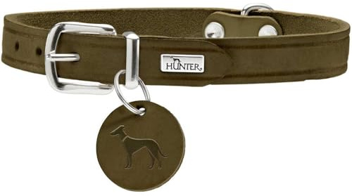 HUNTER AALBORG - Collare per cani in pelle, semplice, resistente, confortevole, taglia 37 (XS-S), colore: Verde oliva