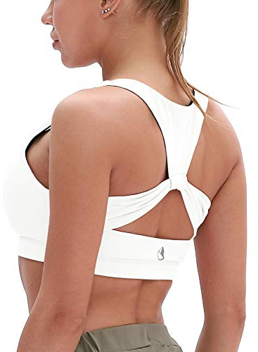 icyzone Reggiseno Sportivo Donna con Rimovibile Imbottito,Senza Ferretto Incrociato Indietro Top Sportivo Yoga Pilates Danze (S,Bianco Sporco)