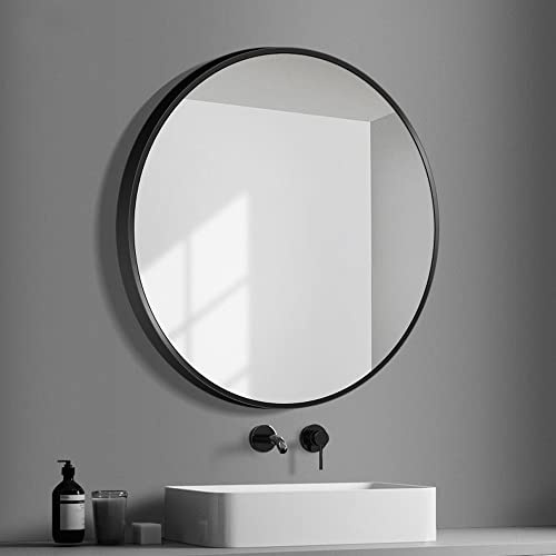 Hosoncovy 30CM Round Mirror - Bathroom Wall Hanging Makeup Vanity Mirror for Bedroom & Living Room (Black)
