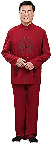 G-LIKE Herren Bestickter Tang Anzug - Chinesische Frühling Herbst Kleidung Kampfkunst Kung Fu Tai Chi Trainingsanzug Langarmhemd Hose Hanfu Uniform für Männer – Baumwolle Leinen (Rot, XL)