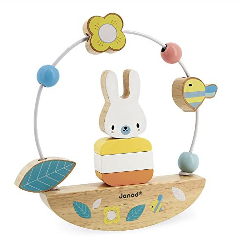 Janod - Motorikschleife mit Hase Pure - Entwicklungsspielzeug aus Holz - 3 Lernaktivitäten - Feinmotorik und Handhabung - FSC-zertifiziert - Wasserfarbe - Ab 1 Jahr , J05149