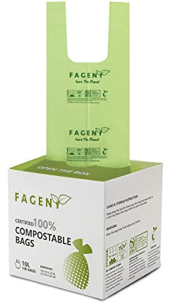 Fageny Sacchetti per rifiuti alimentari 100% biodegradabili compostabili, ecologici, compostabili, certificati da BPI e OK Compost Meeting EN13432, 10 l, 100 conteggi/rotolo
