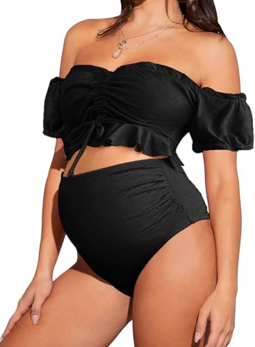 OYOANGLE Women's Maternity 2 Pieces High Waist Off Shoulder Ruffle Hem Bikini Set Swimsuit Pregnancy Swimwear Black XL