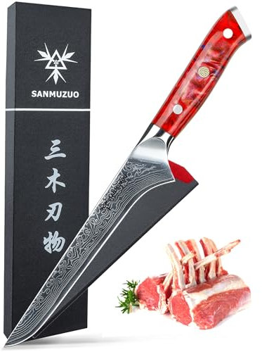 SANMUZUO Couteau à Filet de poisson 18 cm, Couteaux de Cuisinede Chef Japonais Couteau à désosser - Acier de Damas et Manche en Résine - Série Xuan(Rouge Coucher de Soleil)