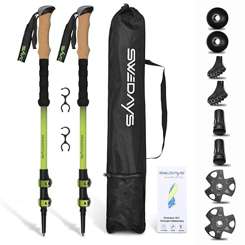 SWEDAYS® Wanderstöcke Teleskop Nordic Walking Stöcke für Damen und Herren Trekkingstöcke Leicht und Verstellbar 63-135cm Wanderstock Aluminium mit Korkgriff und Gummipuffer (Grün)