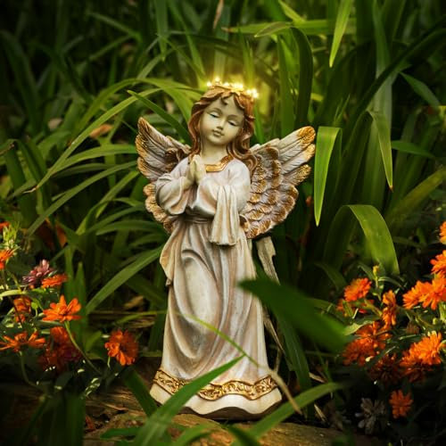 Kssiaz Statue d'ange de Jardin, Décoration de Jardin Solaire Gardien avec Lumière Chaude, Statue d'ange Priant Étanche avec Guirlande, Décoration de Jardin Extérieur pour Pelouse, Rose Abricot