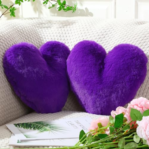 Marsui 2 Pcs Heart Pillow Cute Decorative Throw Pillows, Heart Shaped Soft Fluffy Faux Fur Love Cushions Stuffed for Gifts Couch Bed Bedroom Home Decor(Royal Purple,11.81 x 11.02 Inch)