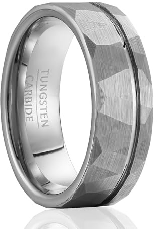 SOXEMAN Fascia Borderline Sfaccettata - Anello Tungsteno Grigio Texture 8mm con Linea Accento Lucidata per Uomo e Donna (Misura USA) | Linea Argento Lucidata | Misura USA 7 (54,3 mm)