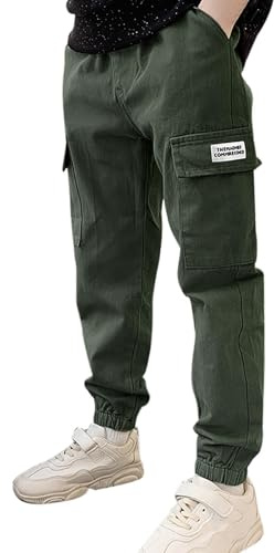 Pantalon Cargo Garcon ado 8-15 Ans Multi-Poches Streetwear avec Elastique Cheville Pantalon Garcon Taille Elastique Decontracte a la Mode Jogging Enfant Garcon Sport Leger (Green, 14-15 Ans)