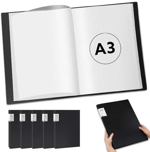 Cartella portadocumenti formato A3, 60 tasche, per presentazioni, documenti e relazioni, per documenti, certificati e ricevute, colore nero