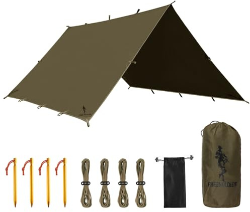 Gratis soldat tarp vattentät 3 x 3 m ultralätt tältpresenning, UV-skydd, camping, solsegel, tält, utomhus, stor karp för camping, vandring, utomhusaktiviteter (olivgrön)