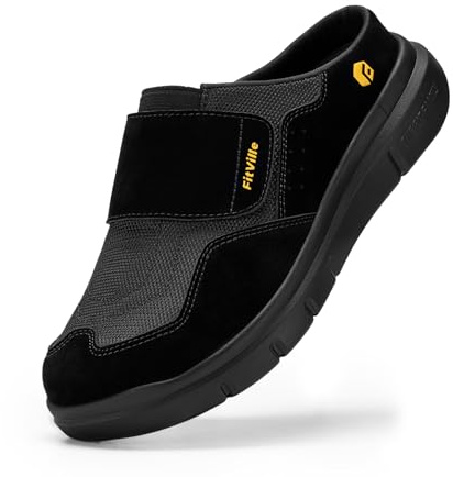 FitVille Mens Extra Wide Fit Diabetic Shoes with Adjustable Strap, Slip On Backless Orthopedic Mules for Swollen Feet Plantar Fasciitis