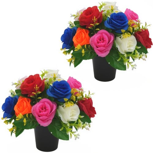 AIGOCITY 2 PCS Artificial Flowers for Graves Pots,6 Colors Roses Grave Flower Pots Silk Cemetery Ornaments Outdoor Decorations,Fake Funeral Memorial Bouquet in Pot for Graveside