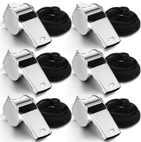 Tyqour 6 Pack Coach Whistle with Lanyard, Teacher Whistle, Loud Metal Whistle for Coaches, Referees, Lifeguard Whistle, Safety Whistle Bulk, Silver Stainless Steel