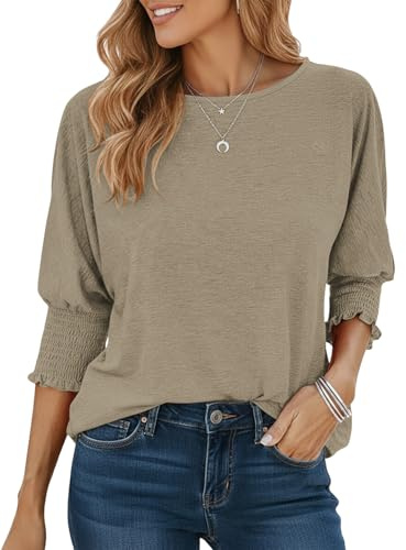 Cuptacc T-shirt dam 3/4 ärm rund hals casual basic lös långärmad tröja | Skonsam manschett | 3/4 ärm | Stretchig | Stickad | Mode|Komfort| Mjuk | Klassisk | Elegant | Blus | Höst