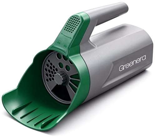 Greenera 1 L handhållen fröspridare, mini gräsmatta spridare med justerbar urtavla saltspridare exakt applikation, ingen montering, multianvändning gräsmatta och trädgårdsspridare för gräsfrö