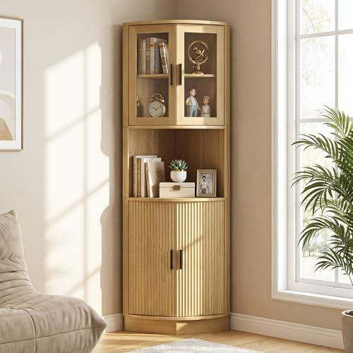 BonVache - Mueble de esquina, aparador, mueble de almacenamiento, con puertas acristaladas, armario alto, armario multiusos para comedor, sala de estar, oficina, 165 x 56 x 41,5 cm, natural