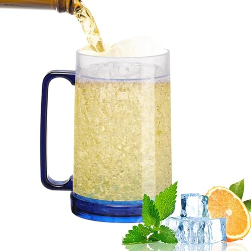 XIMEY Boccale di Birra Refrigerante, 450 ML Bicchiere Birra Doppia Parete, Bicchieri Freezer Birra, Boccali da Birra con Manico, Boccale Birra in Plastica per Mantenere Fresche Bevande (Blu)
