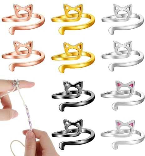 Thrymme 10 anillos de ganchillo de aleación de zinc, ajustable, guía de hilo para tejer más rápido, multicolor (negro, oro, plata, rosa)