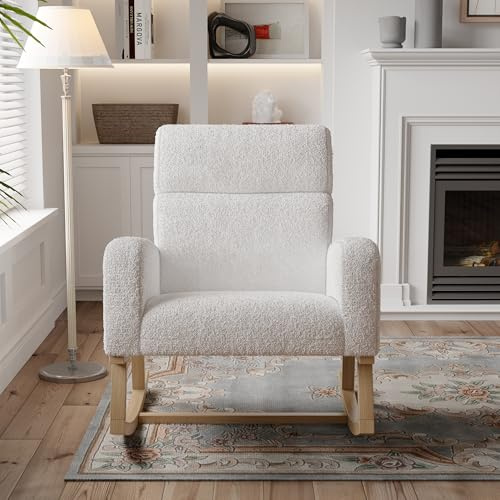 HYNHXBP Fauteuil à Bascule, Fauteuil à Bascule Allaitement,Confort et Élégance, avec Support pour Jambes et Poche de Rangement, Chaise de Loisir en Bois avec Dossier (Teddy Blanc, avec Main Courante)