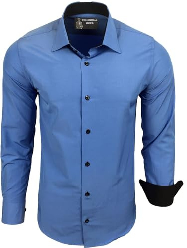 Subliminal Mode - Repassage Facile Chemise Homme Col Bicolore Uni Manches Longues Coupe Slim Business Idée Cadeau, Noël, Saint Valentin RN44,M,Bleu