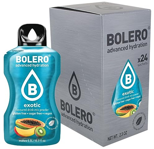 Bolero Bebida 24 bolsitas de 3 g g de fruta preparada en polvo soluble para bebida fresca en agua, 72 gramos endulzado con stevia (Exotic)