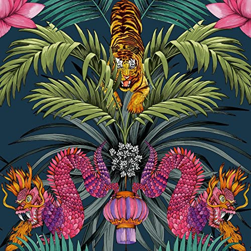 Belgravia Decor Wilson Oriental Animal Dragon Tiger Wallpaper Navy Blue/Multi 3910
