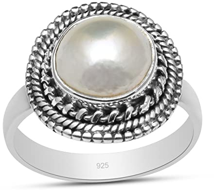 Silver Palace Anillo de plata de ley 925 maciza con perlas redondas de 10 x 10 mm, hecho a mano para mujeres y niñas, Metal Gema, Perla